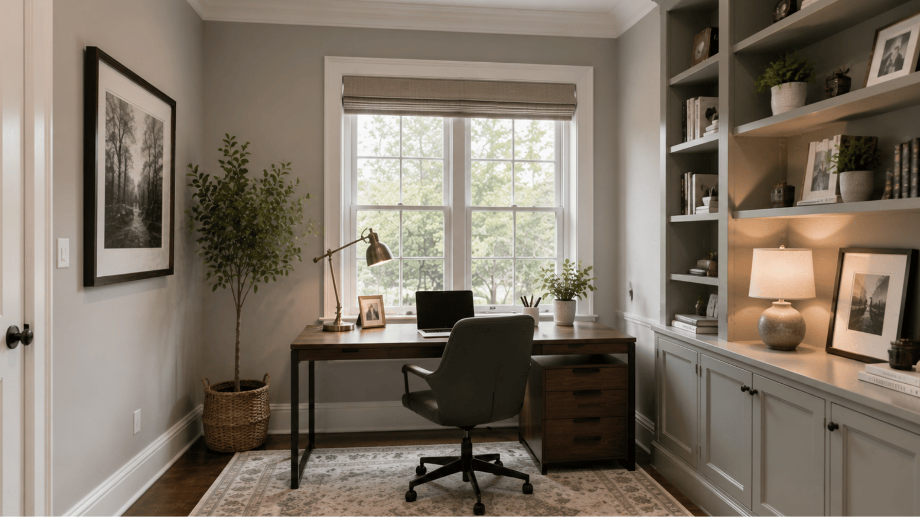 small american home office with built-in shelves, neutral walls, wooden desk, and natural window light