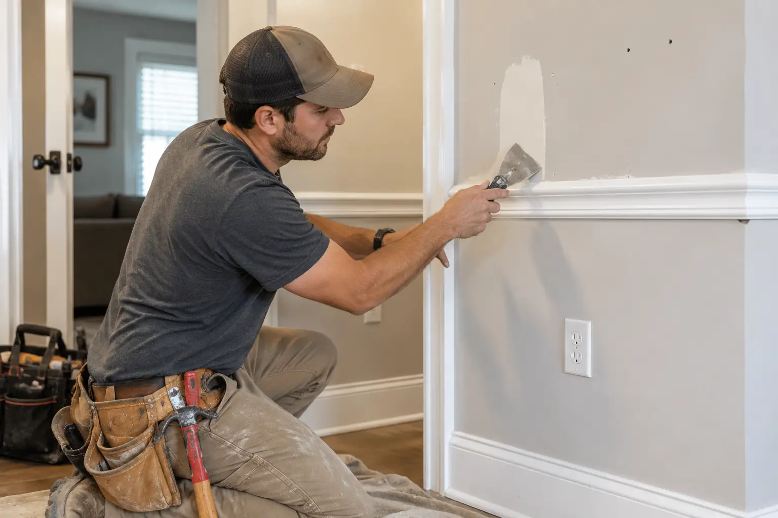 Man applying patch to wall with putty knife in a home interior setting