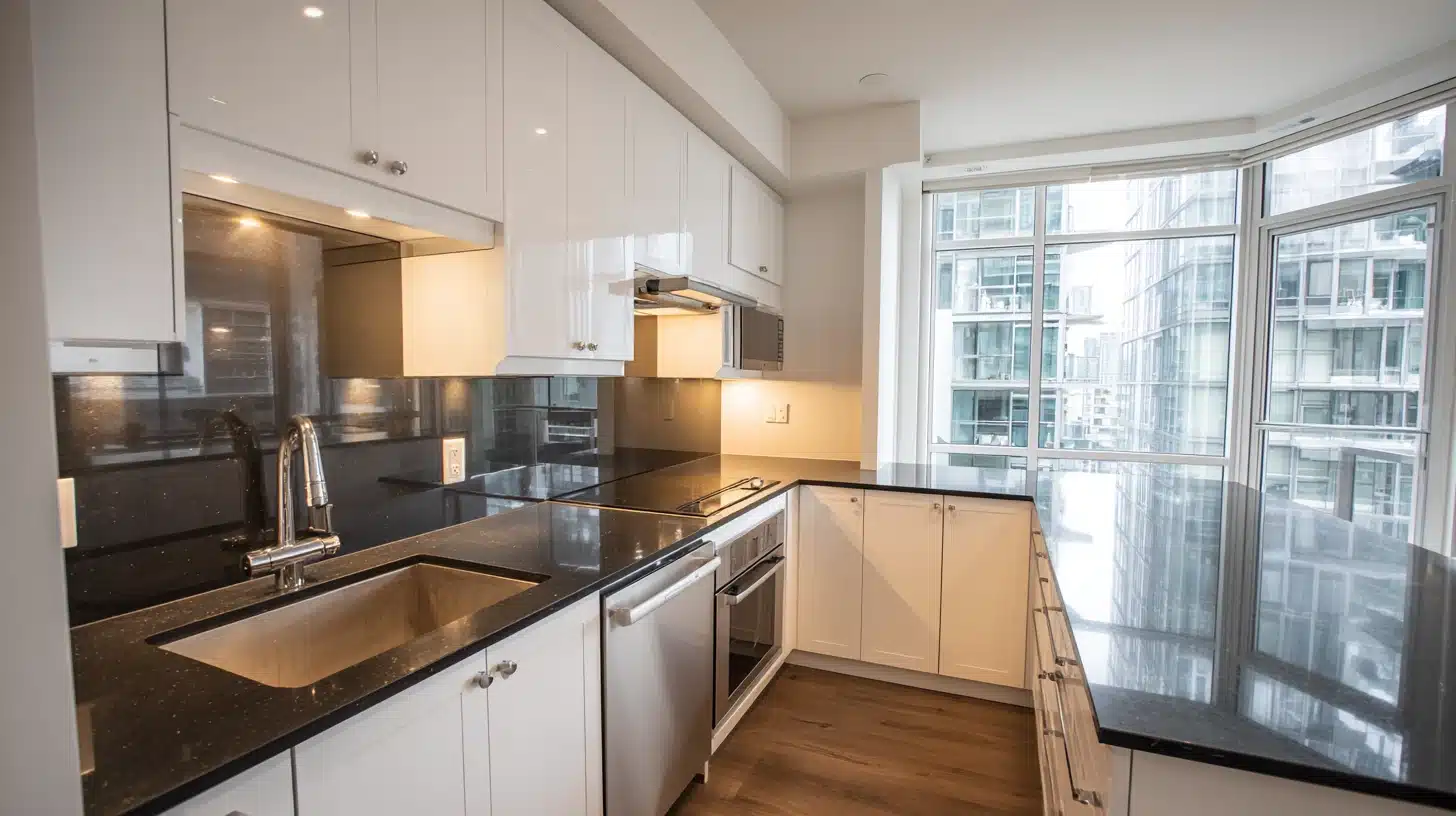 Small modern kitchen with white cabinets, black countertops, stainless steel appliances, and floor-to-ceiling windows that maximize natural light.