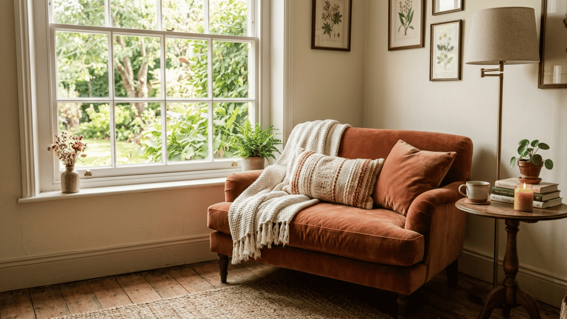 small rust velvet loveseat near a window styled with a throw blanket and cushion