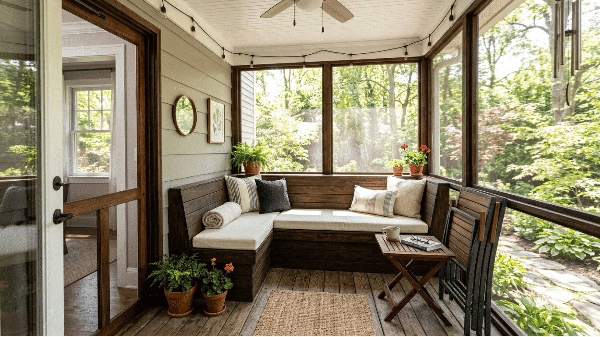 small screened porch with built-in bench seating and folding table