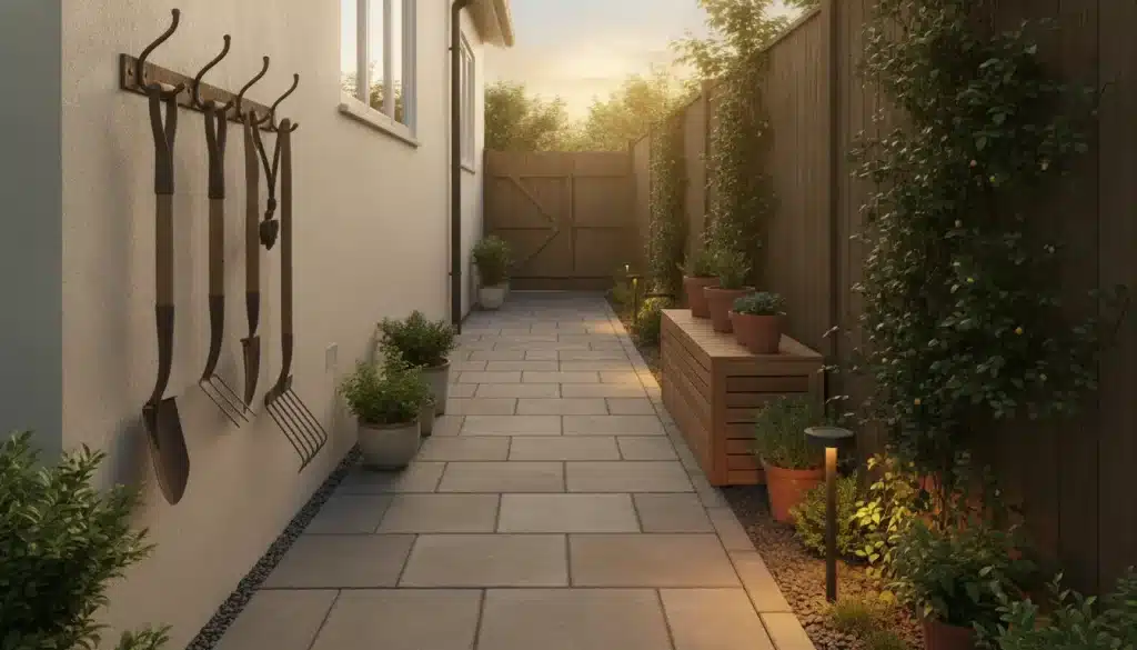 Gardening tools on wall alongside paved pathway with potted plants under soft evening light