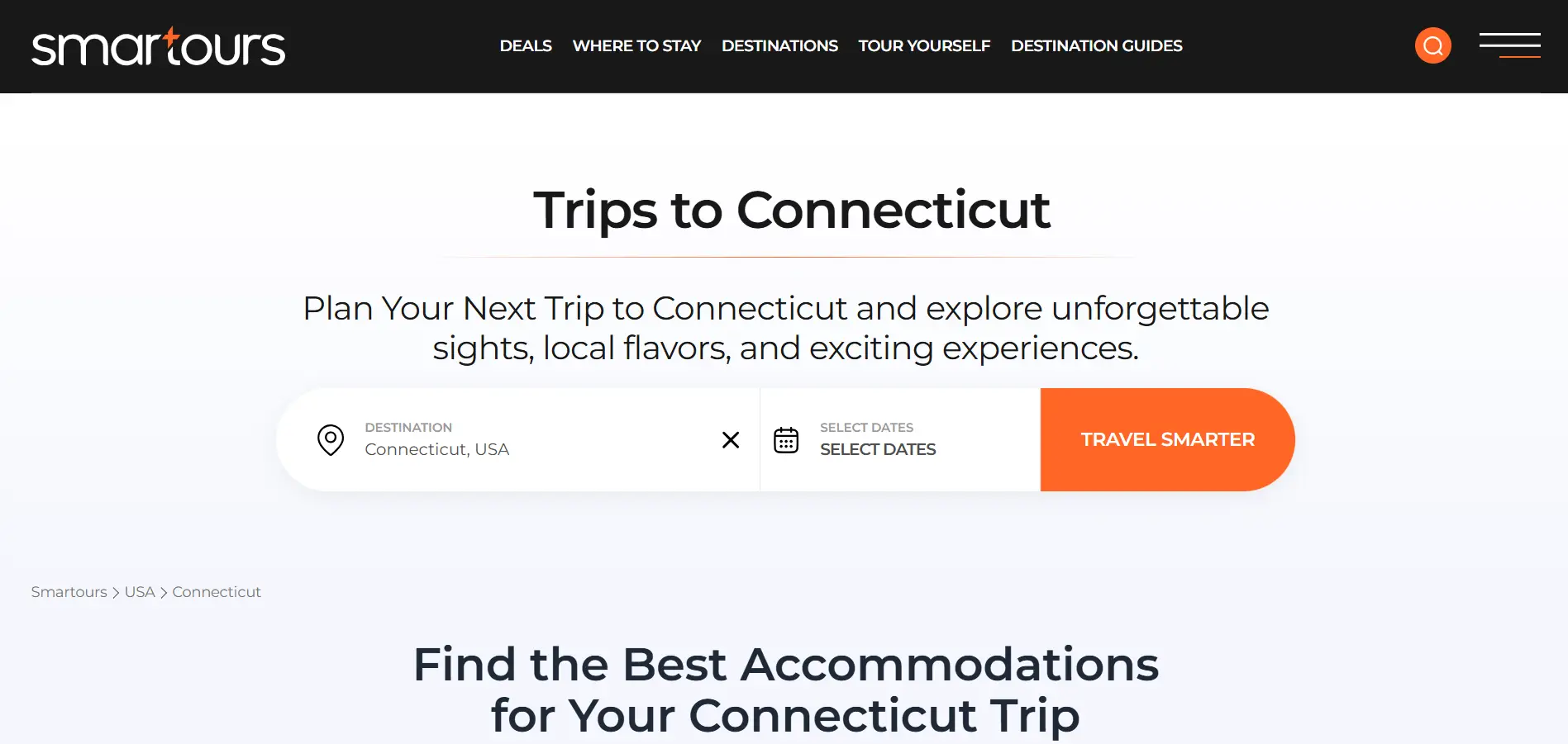 Trip planning website interface with travel options for Connecticut, featuring search and date selection options