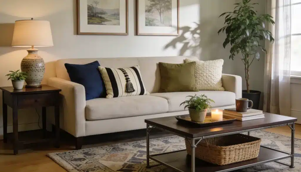Bright living room with a modern sofa indoor plants and simple home decor.