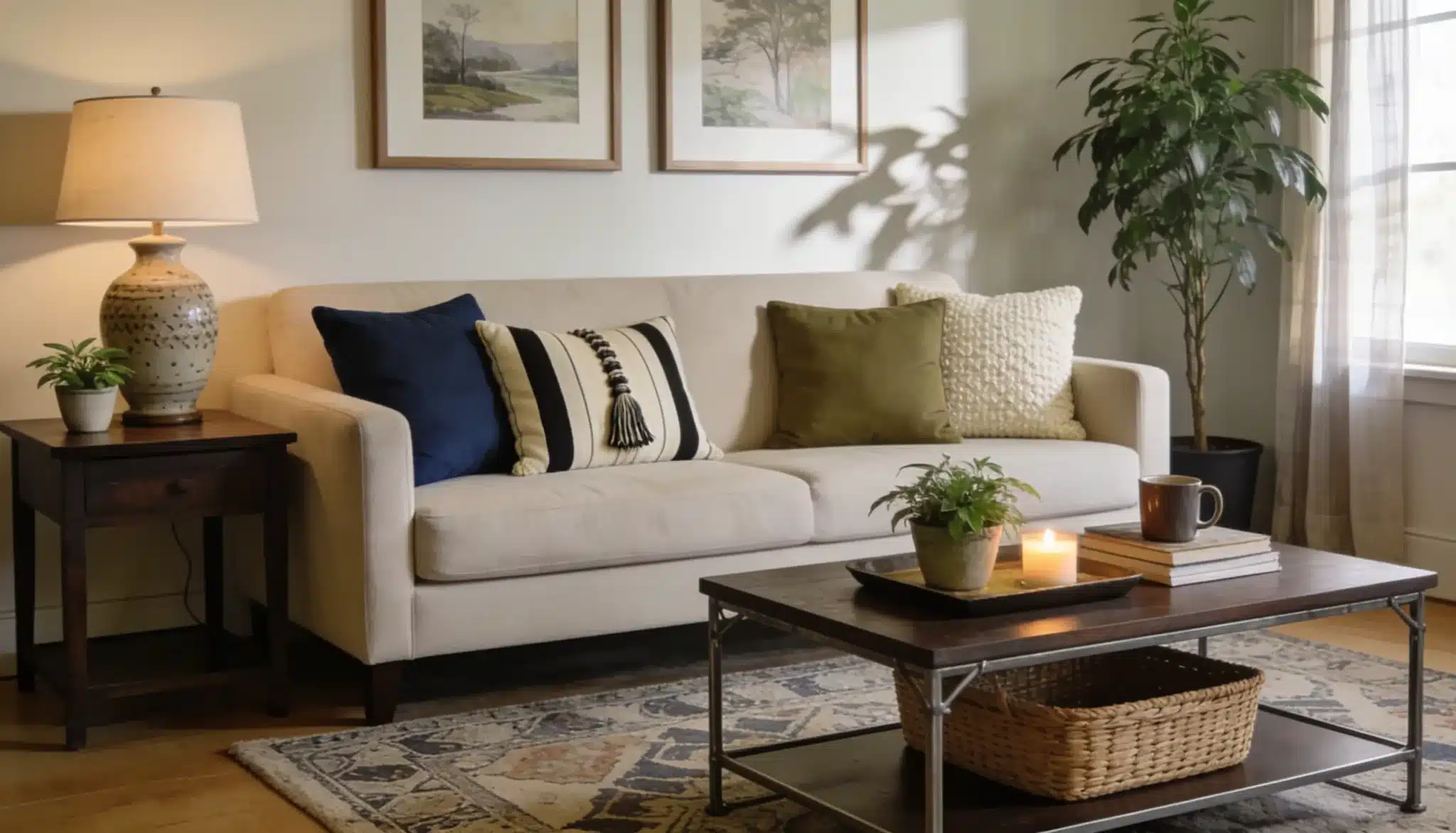 Bright living room with a modern sofa indoor plants and simple home decor.