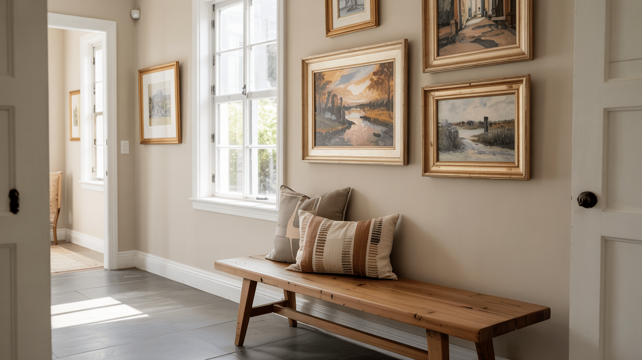hallway with a wooden bench, two decorative pillows, and several framed landscape paintings on a tan wall