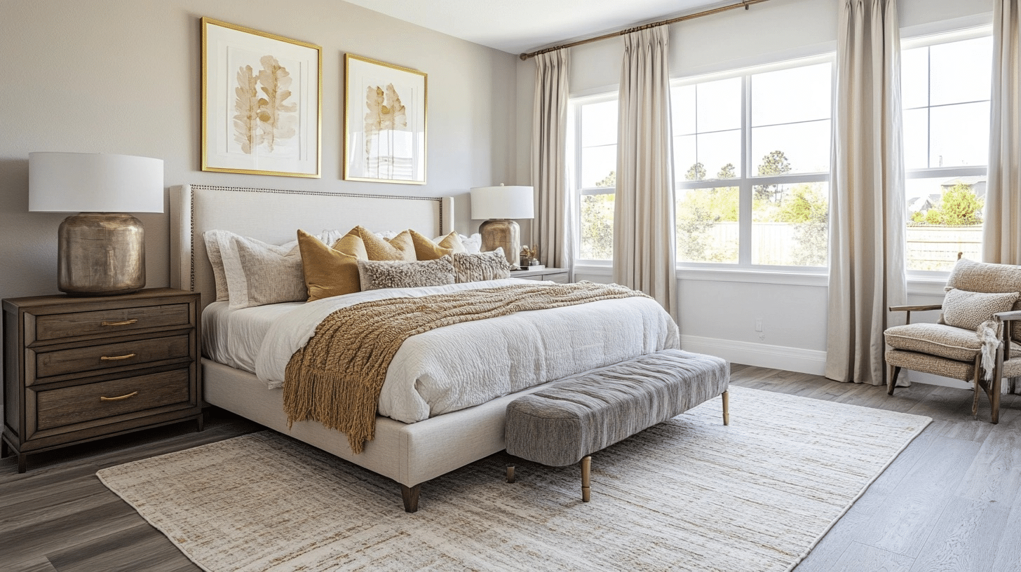 cozy bedroom with soft off-white walls, gray flooring, neutral bedding, and cream accents throughout