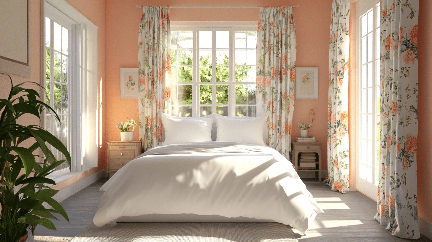 sunlit bedroom with a white duvet, floral curtains, and plants by the windows