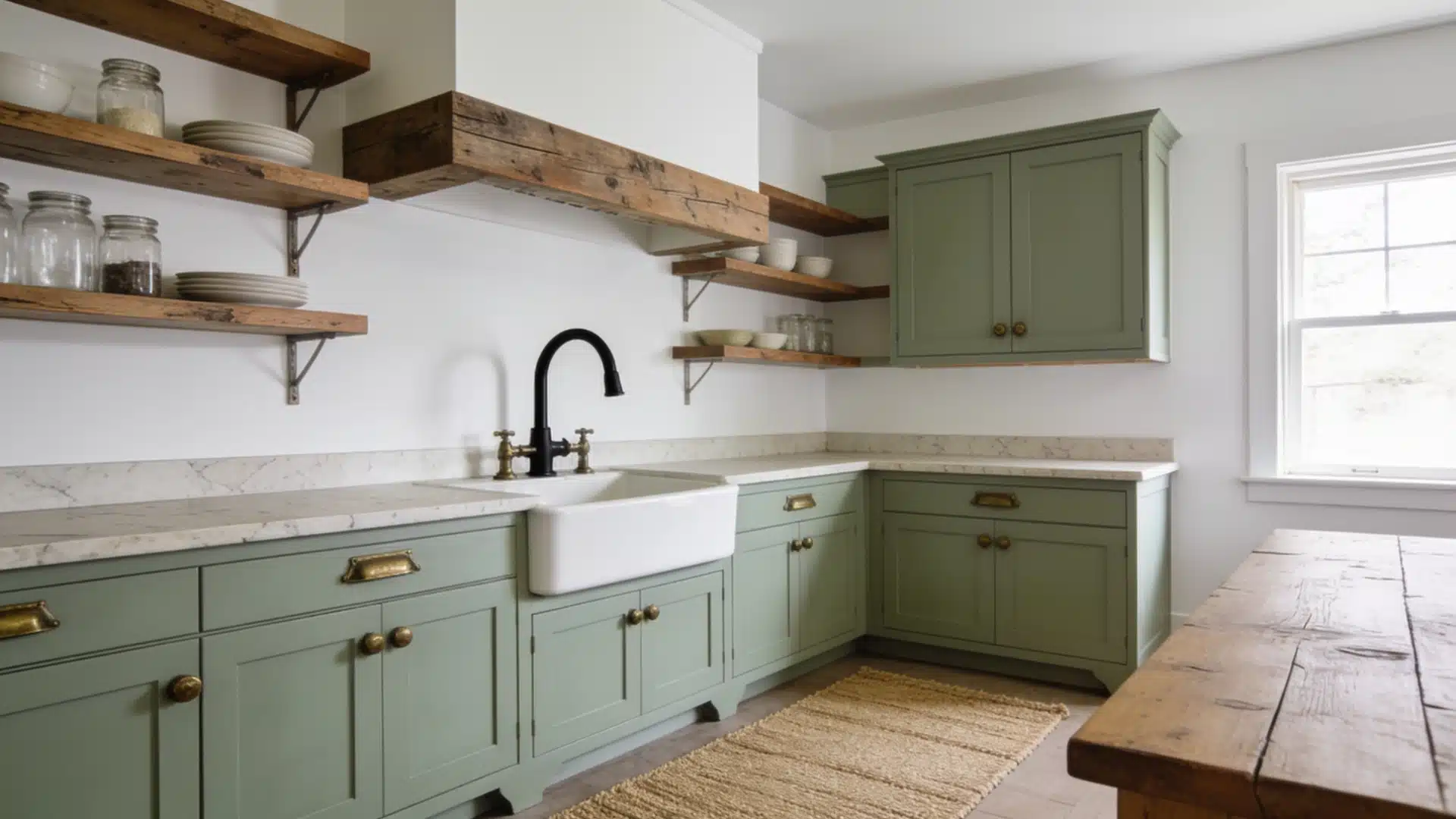 Soft sage farmhouse kitchen with brass pulls, open shelves, white sink, and wooden island.