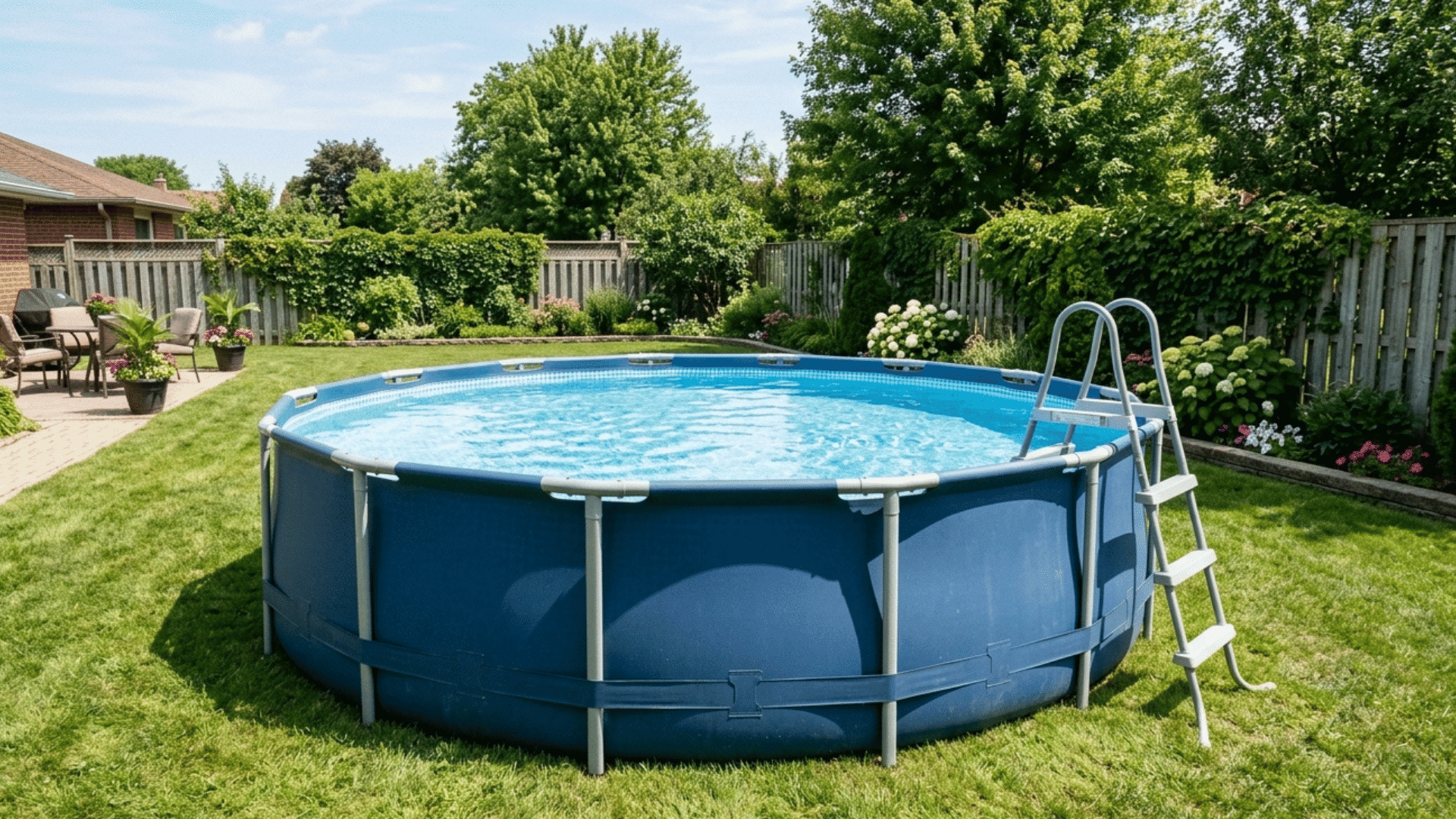 finished in ground vinyl liner pool in a backyard