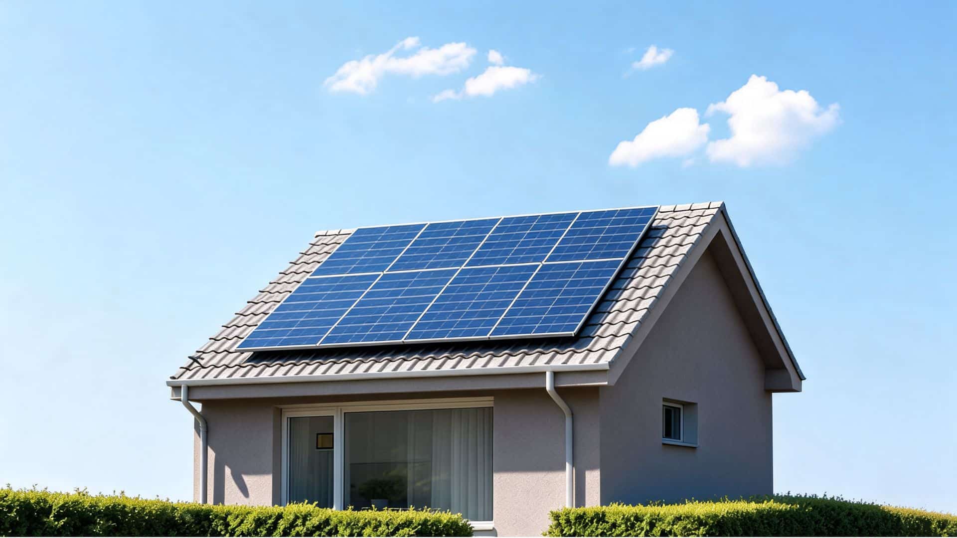 solar panels mounted on a gray tiled roof of a modern home beneath a clear blue sky