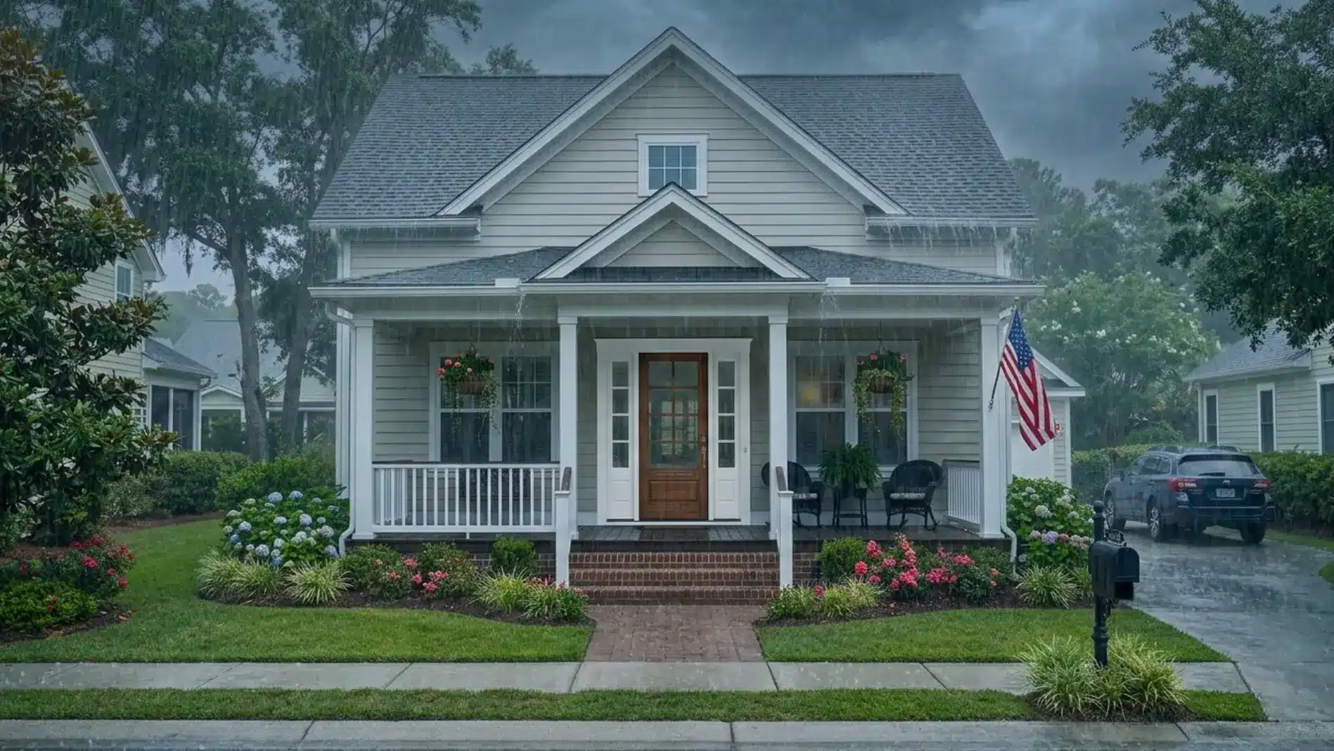 Charming suburban house with covered porch and garden, rainy weather, American flag displayed