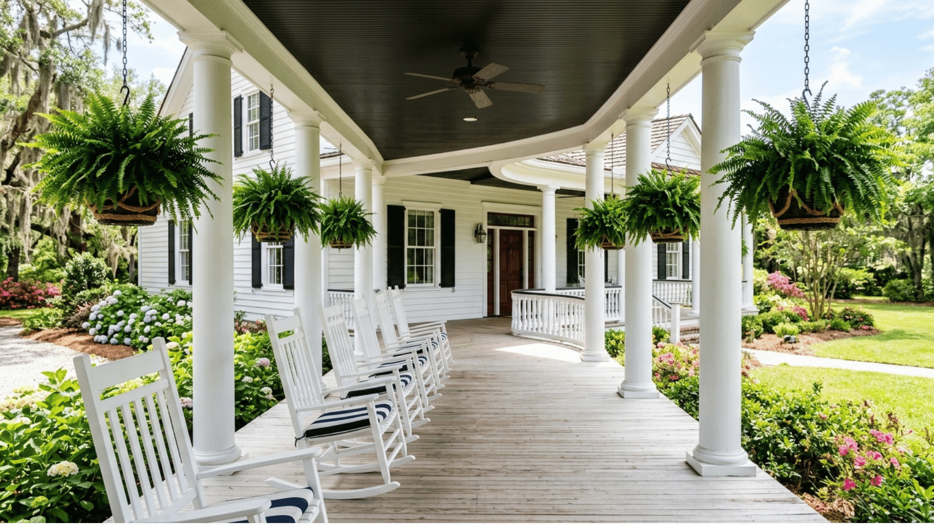 wraparound design with rocking chairs and hanging ferns