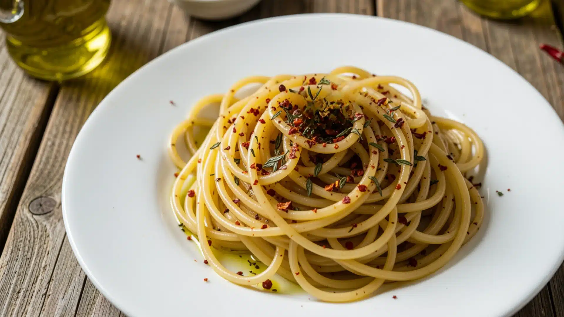 A plate of spaghetti drizzled with olive oil and sprinkled with spices, showcasing a simple yet flavorful dish.