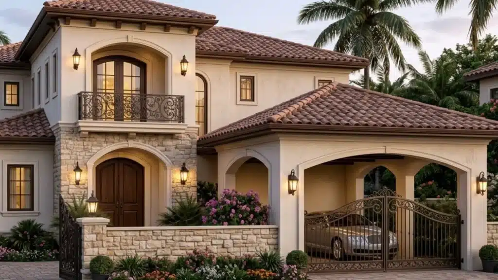 Luxury spanish-style home with stucco exterior, stone accents, arched entryway, balcony, and ornate gates protecting a car.