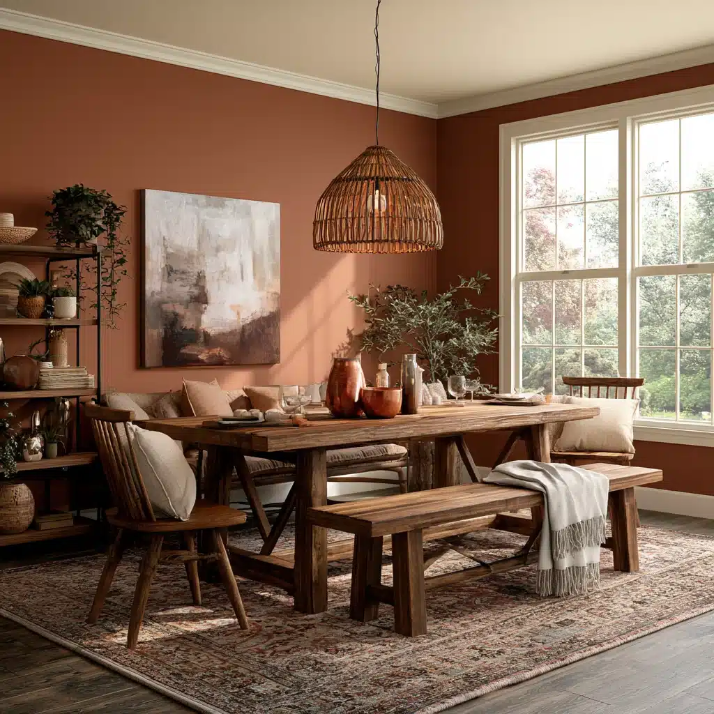 rustic dining room featuring a wooden table, bench, and chairs, with warm terracotta walls, an abstract painting, and a woven pendant light