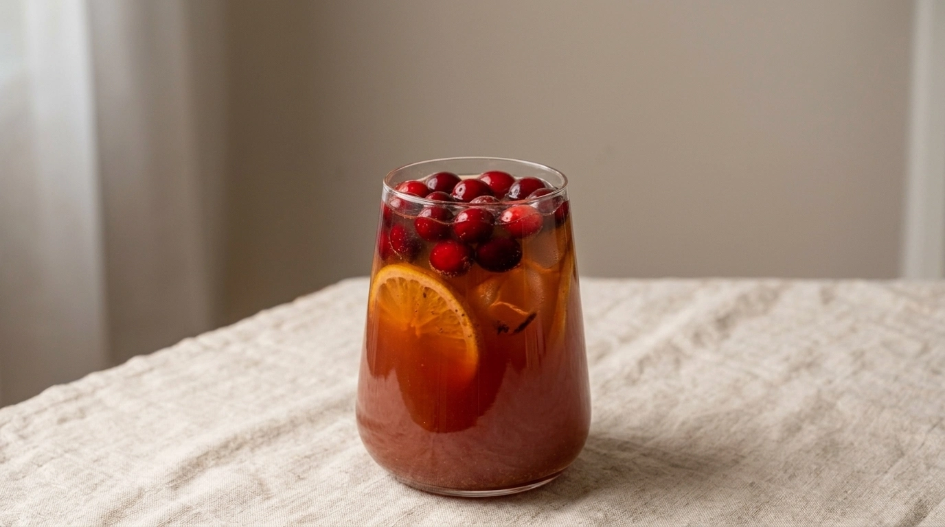 A glass of spiced holiday punch with cranberries and orange slices, showcasing a refreshing beverage.