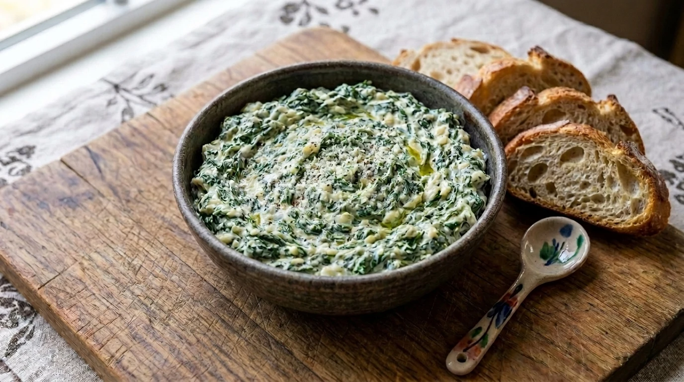 Creamy spinach and artichoke dip served in a rustic bowl with slices of toasted bread.