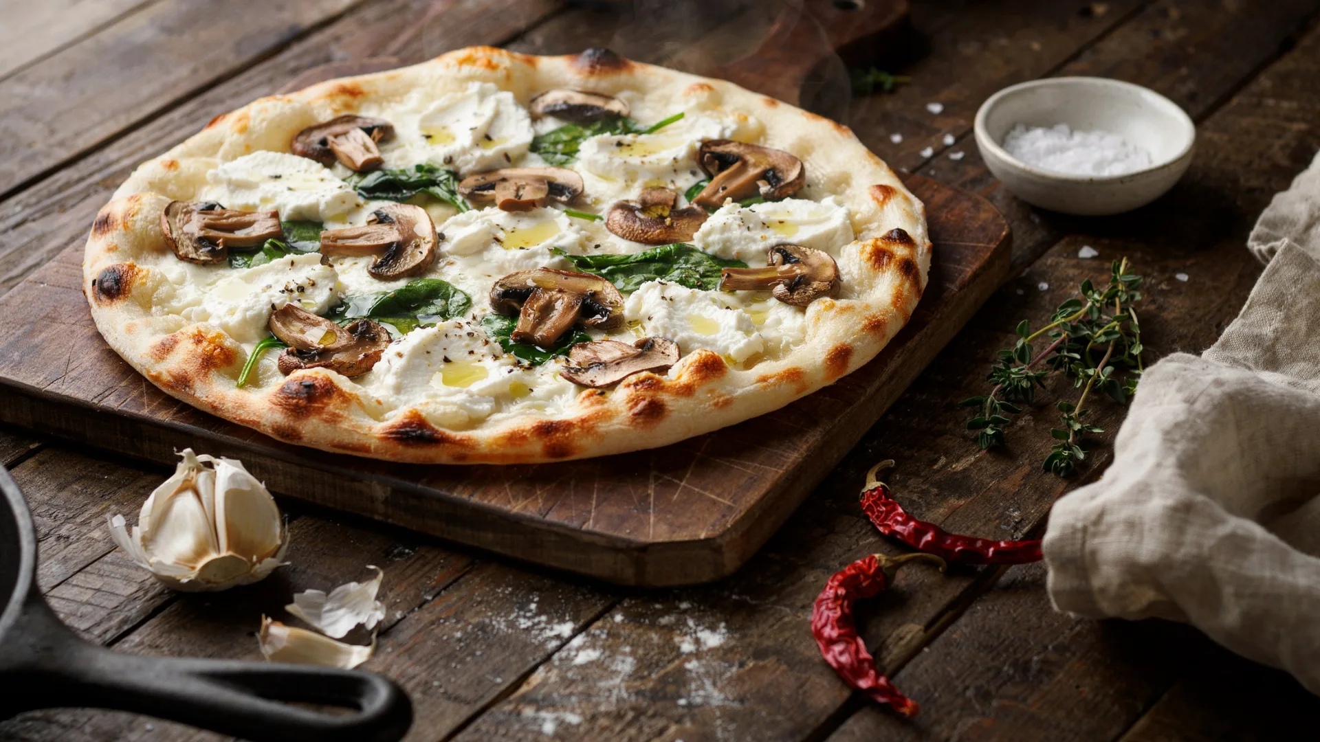 A freshly baked pizza on a wooden cutting board, topped with mushrooms and various other ingredients