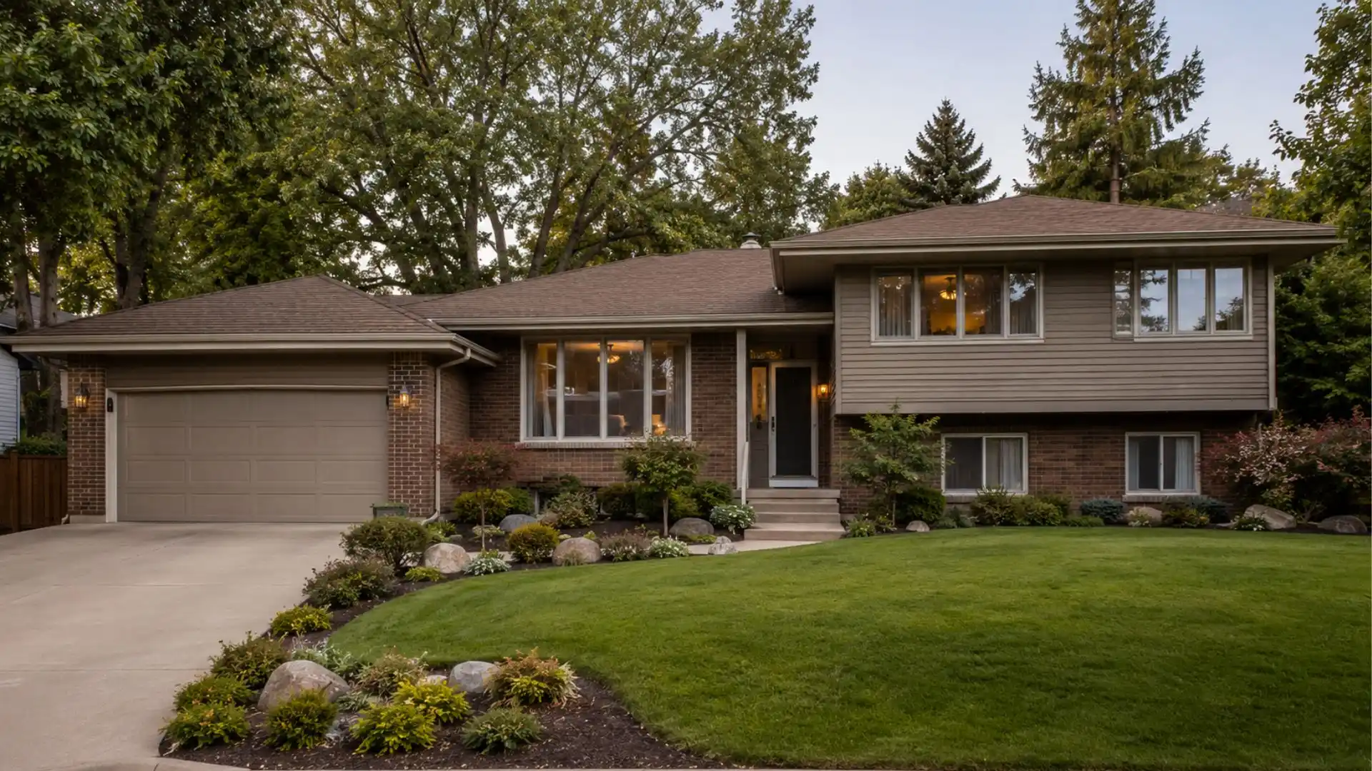 A split-level brick and siding house with a two-car garage, manicured lawn, and lush green trees in the background during twilight.