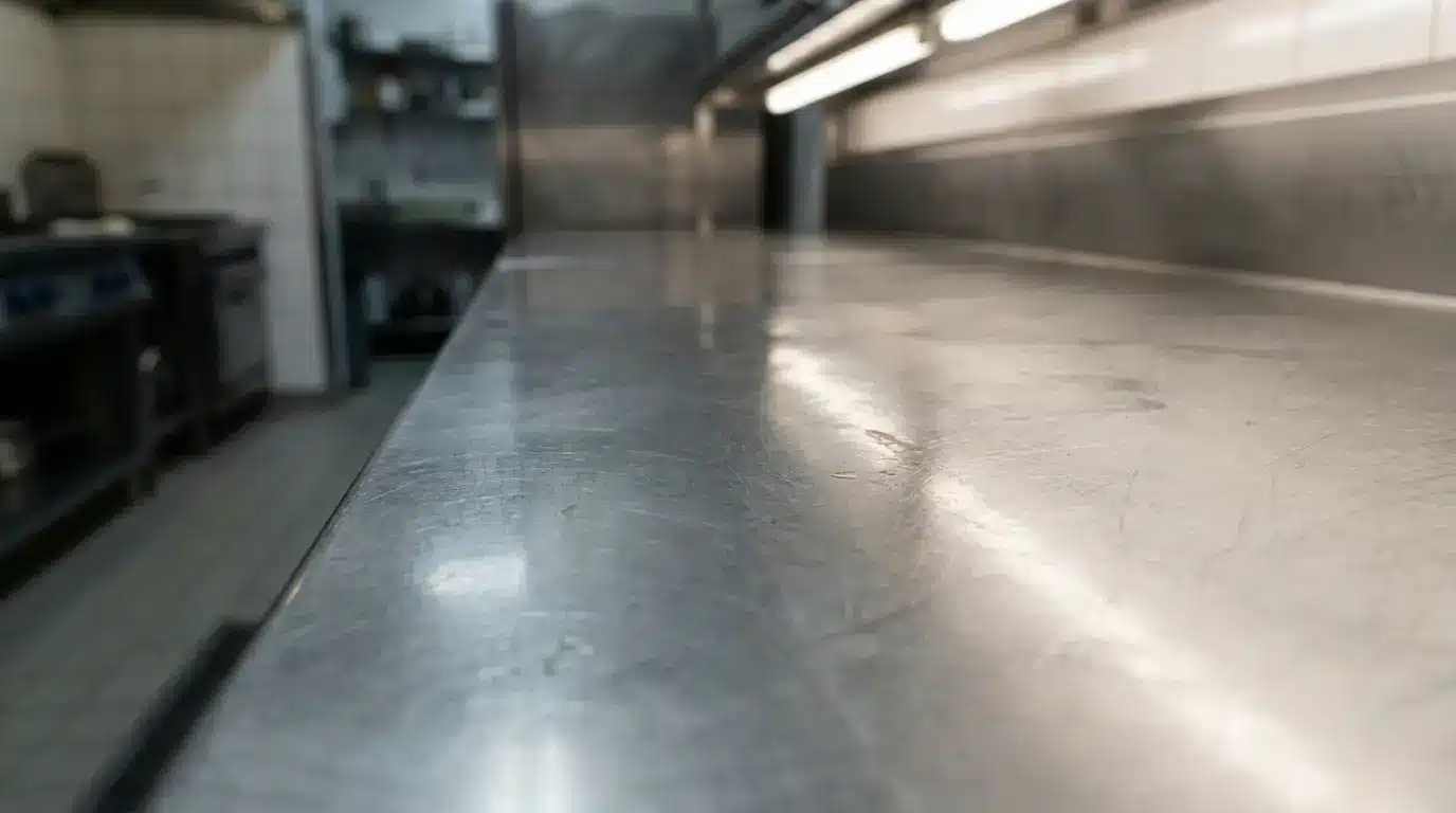 Empty stainless steel countertop in commercial kitchen setting with overhead fluorescent lights