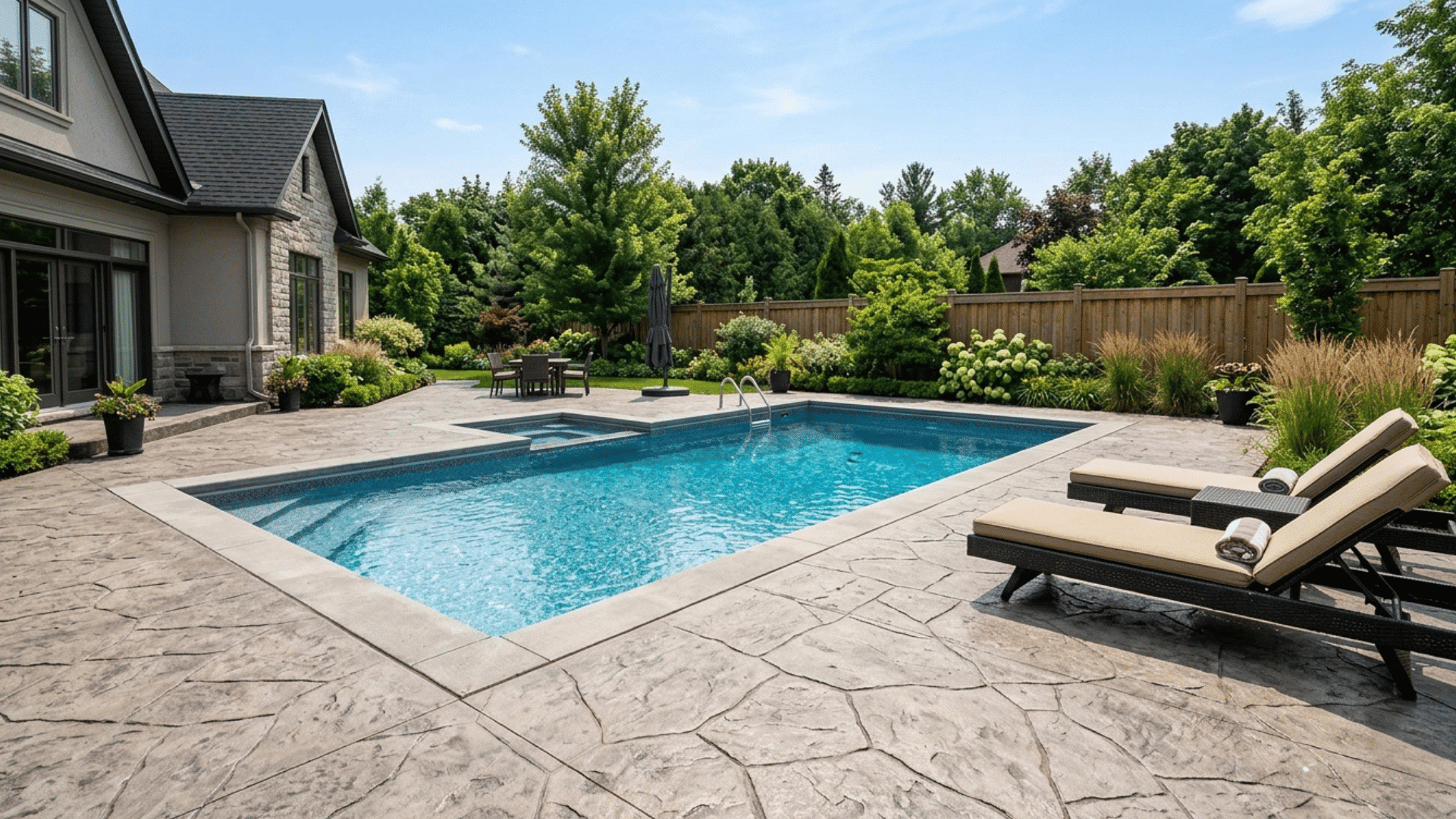backyard pool surrounded by a full stamped concrete deck area