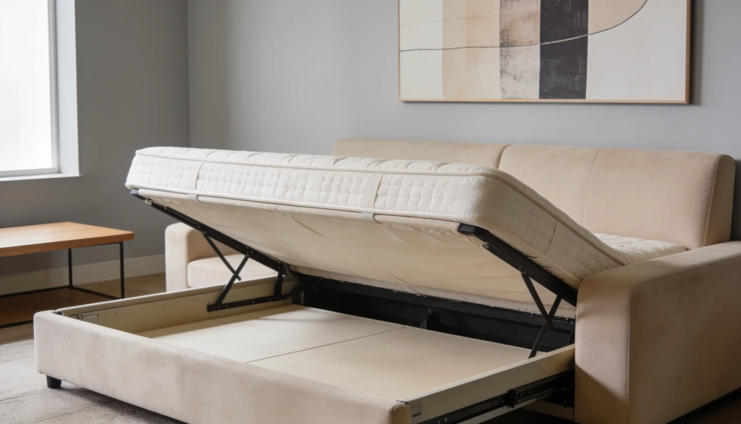 A standard pull out sleeper sofa with cushions removed and a fold out metal frame supporting a full hidden mattress