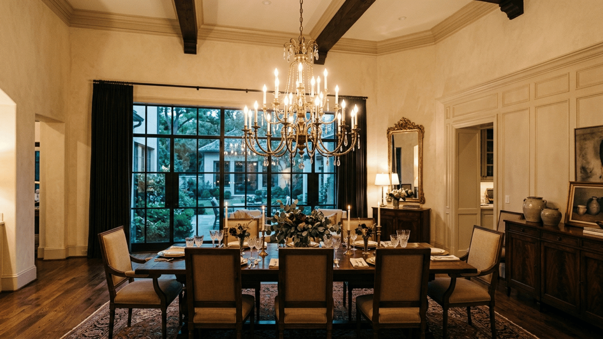 brass chandelier hanging above a long wood dining table
