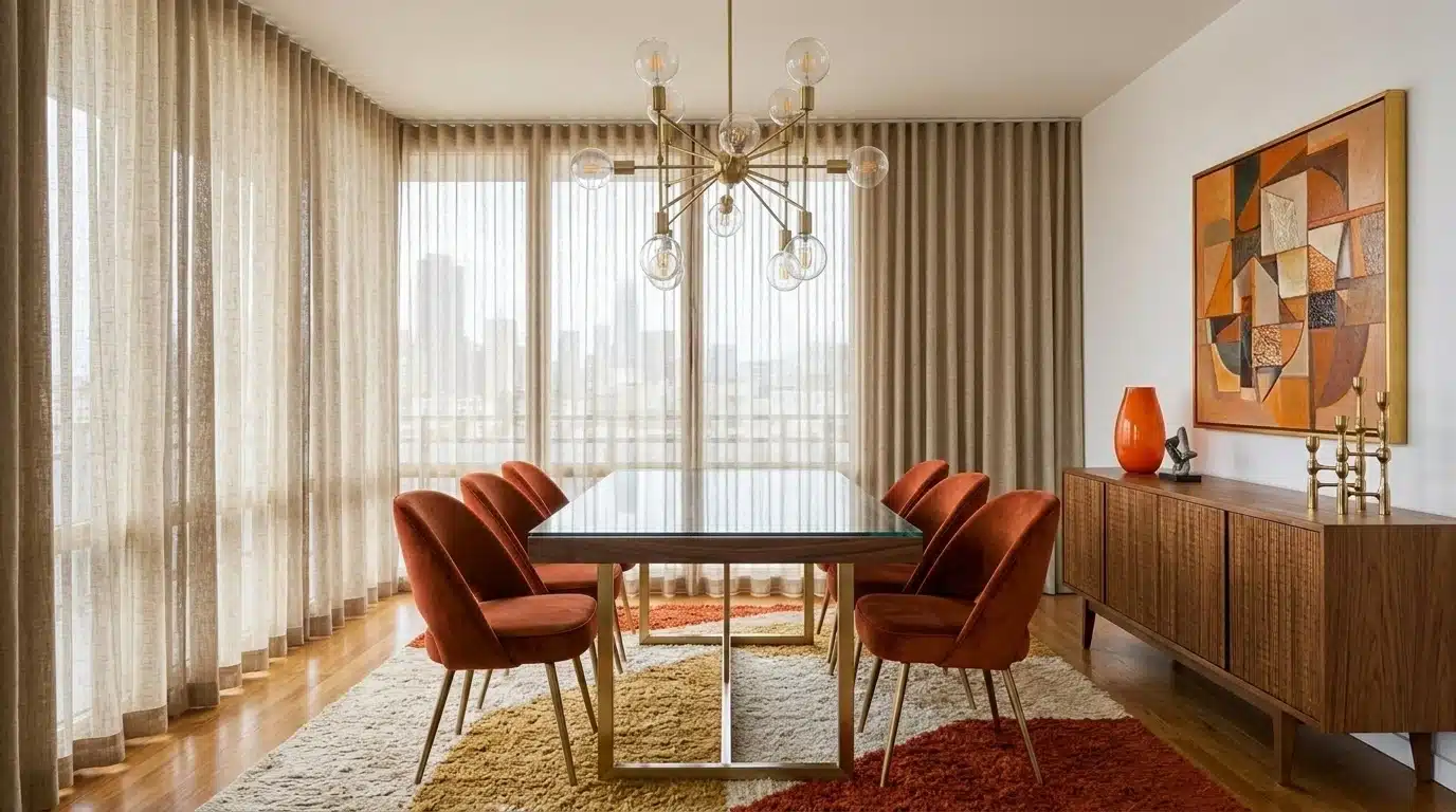 A dining room featuring orange chairs surrounding a modern glass table, creating a vibrant and inviting atmosphere.