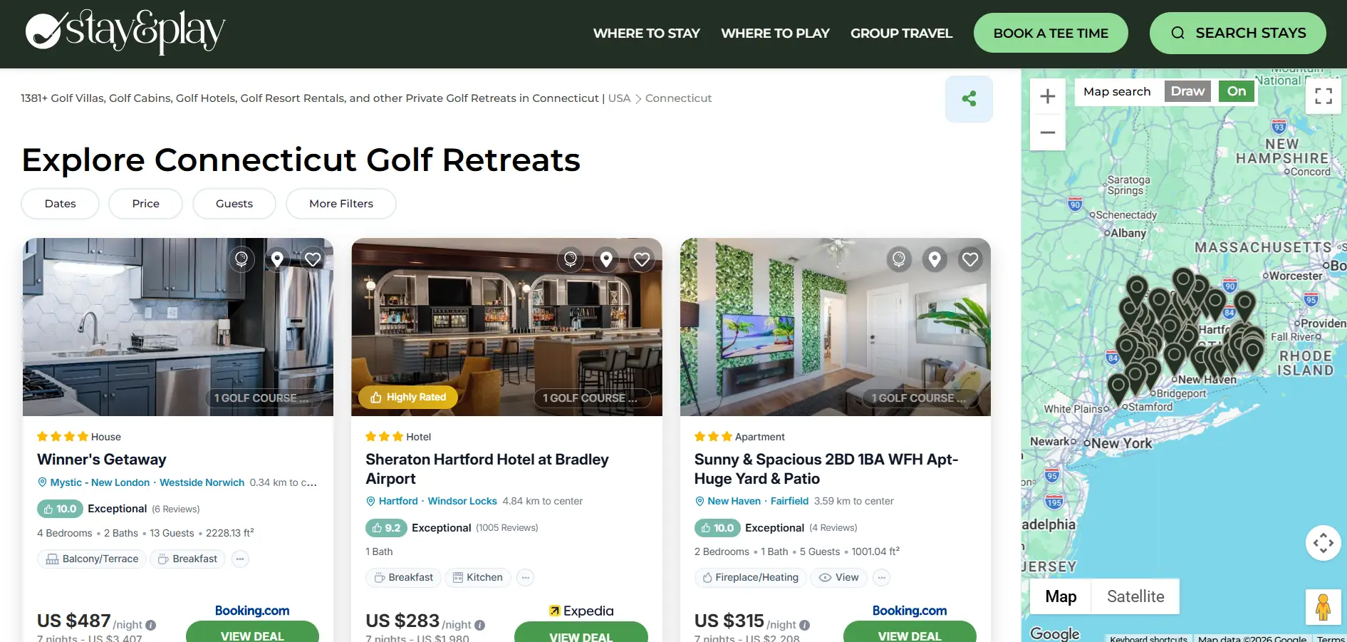 Connecticut golf retreats accommodation listings with map and filter options on website page