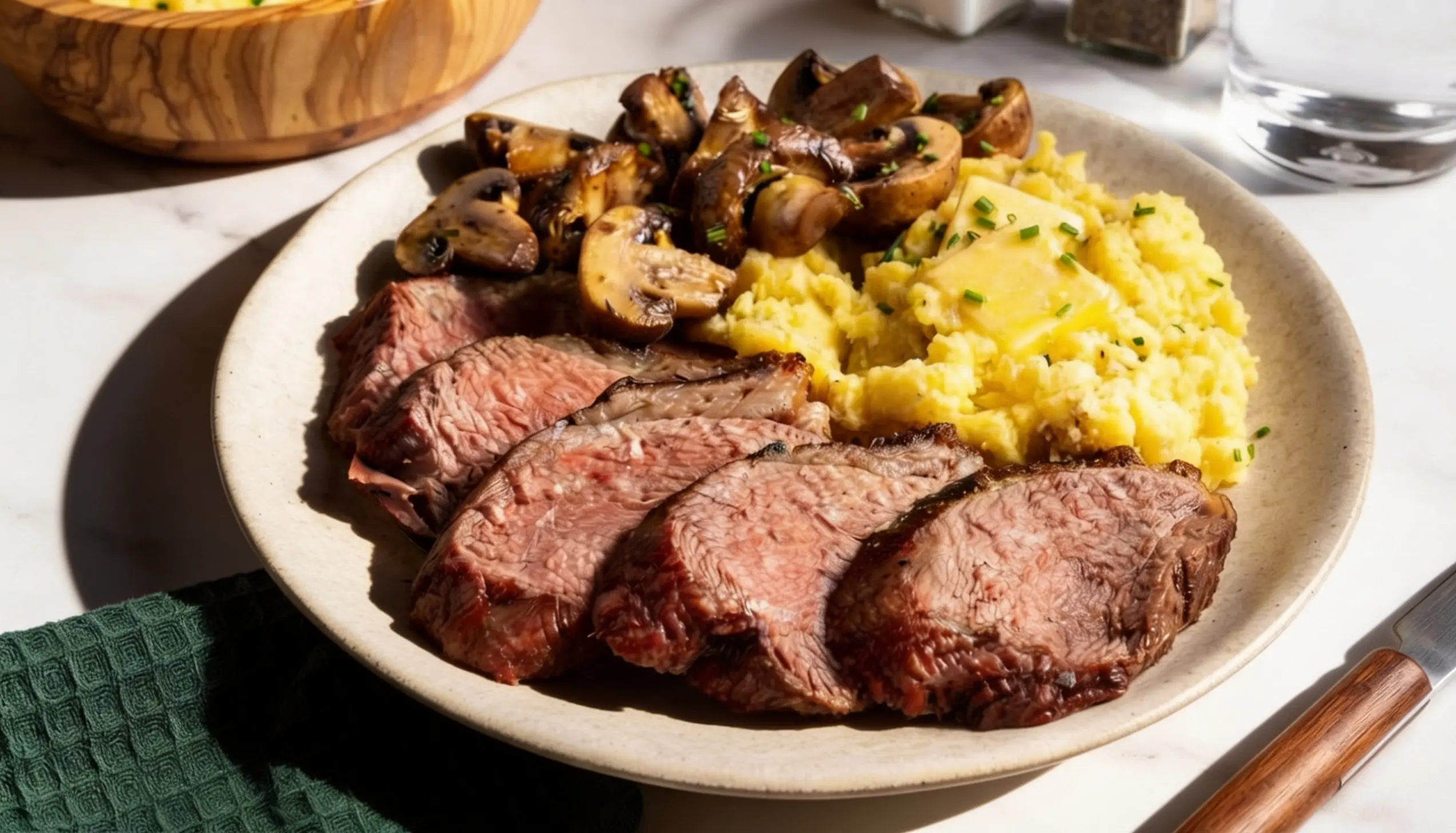 Sliced roasted beef with mashed potatoes, sautéed mushrooms, and a pat of butter topped with chives.