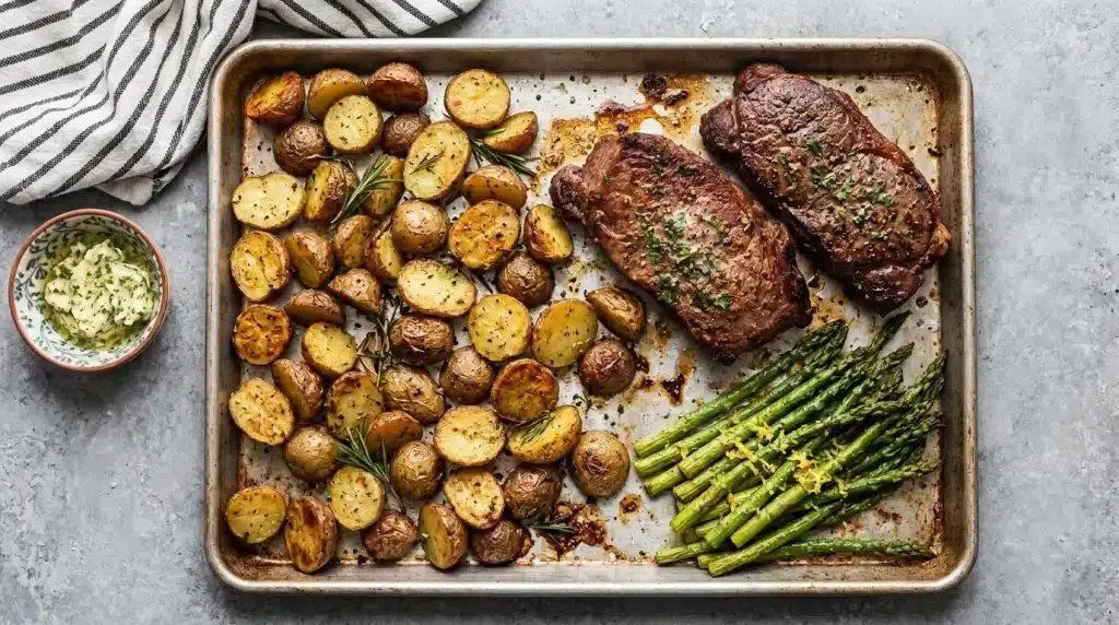 A sheet pan featuring a cooked steak, roasted potatoes, and asparagus arranged neatly for a dinner presentation.