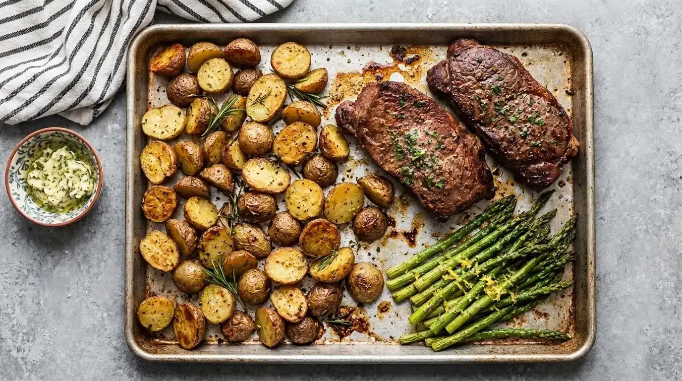 A sheet pan featuring a cooked steak, roasted potatoes, and asparagus arranged neatly for a dinner presentation.