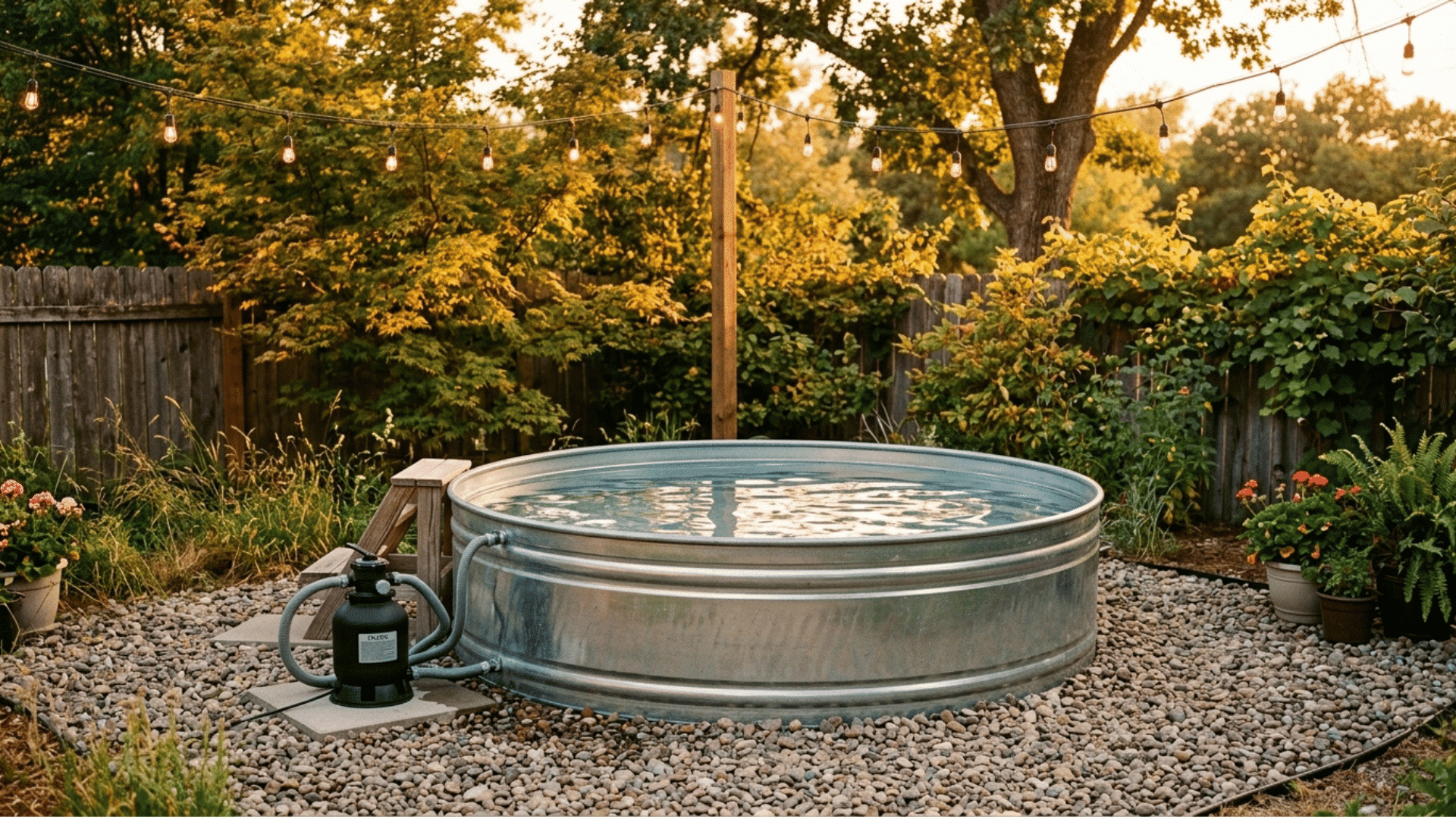 galvanized stock tank pool set up in a backyard
