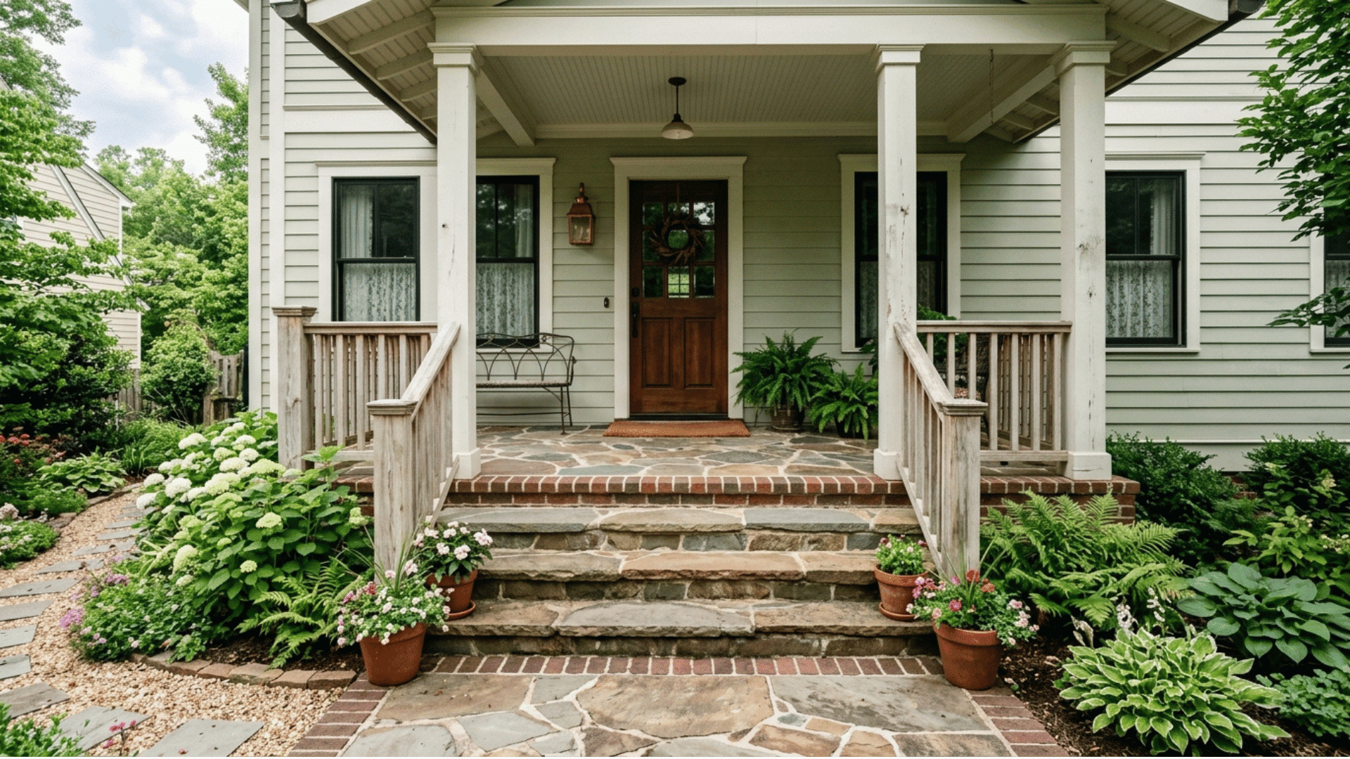 durable stone flooring with brick edging and wood railing