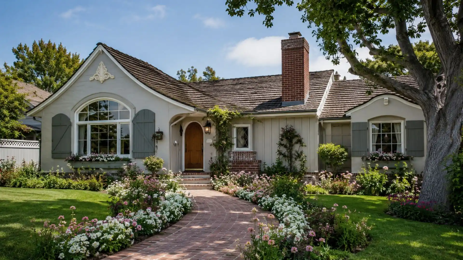 Single-story light gray cottage with a wooden shingle roof, arched front door, and lush flower beds flanking a brick pathway.