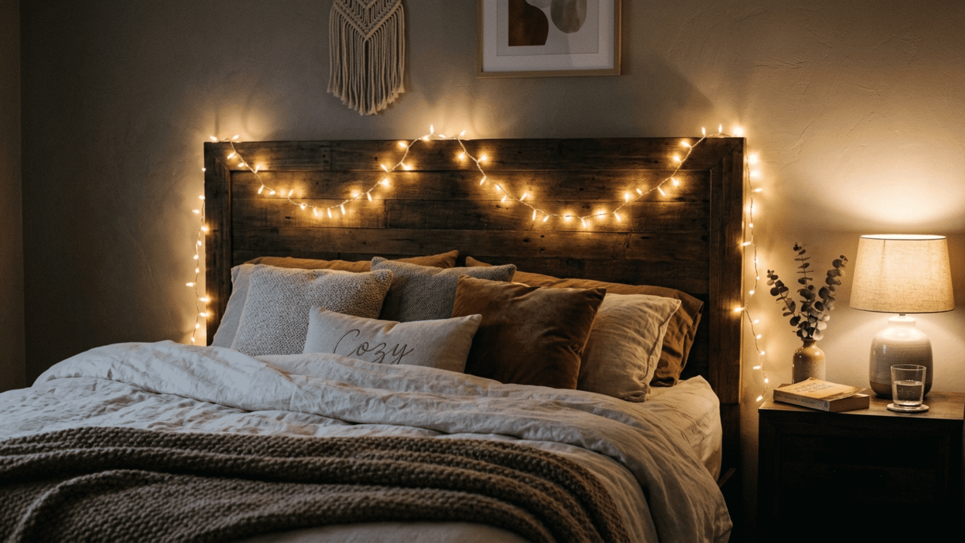 warm string lights draped along a wooden headboard creating a cozy romantic bedroom glow