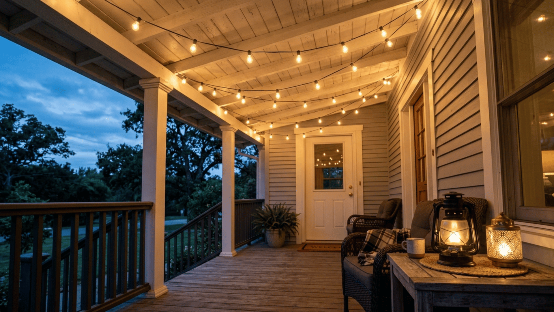 string lights and lanterns glowing at dusk