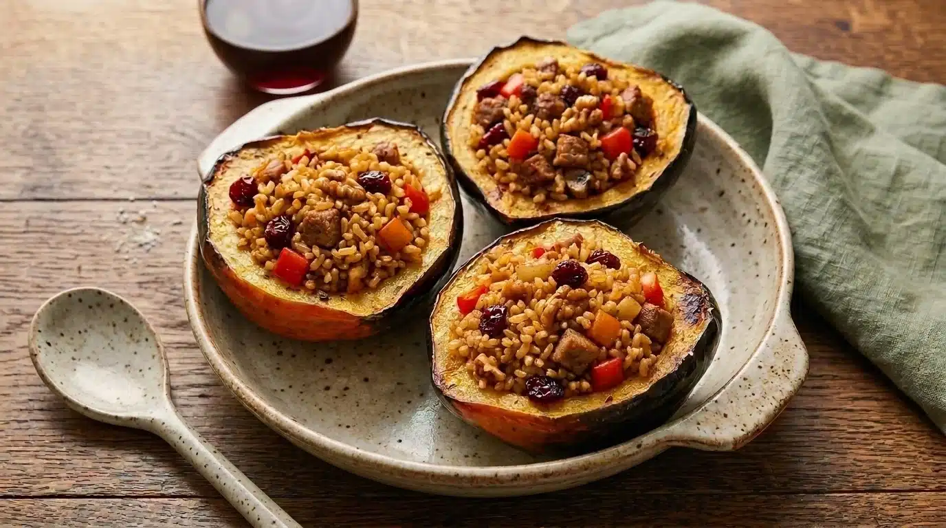 Roasted acorn squash halves stuffed with a savory mixture of rice, vegetables, and dried cranberries.