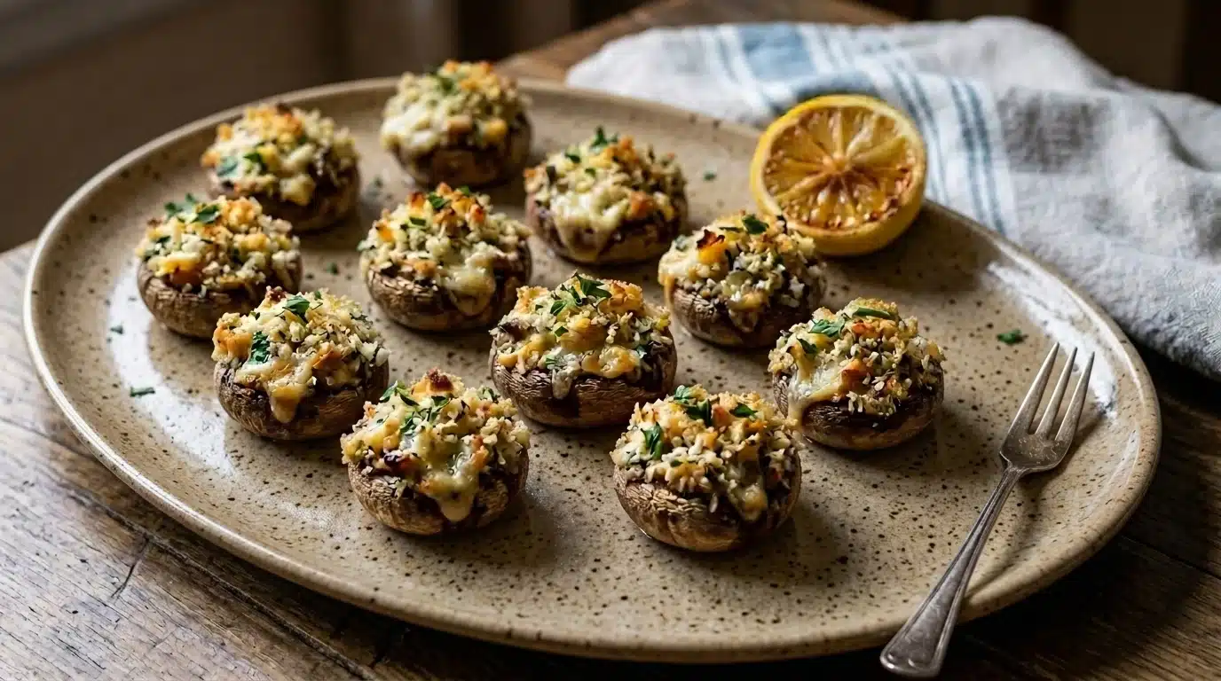 Stuffed mushrooms filled with a savory cheese and herb mixture, baked until golden brown.