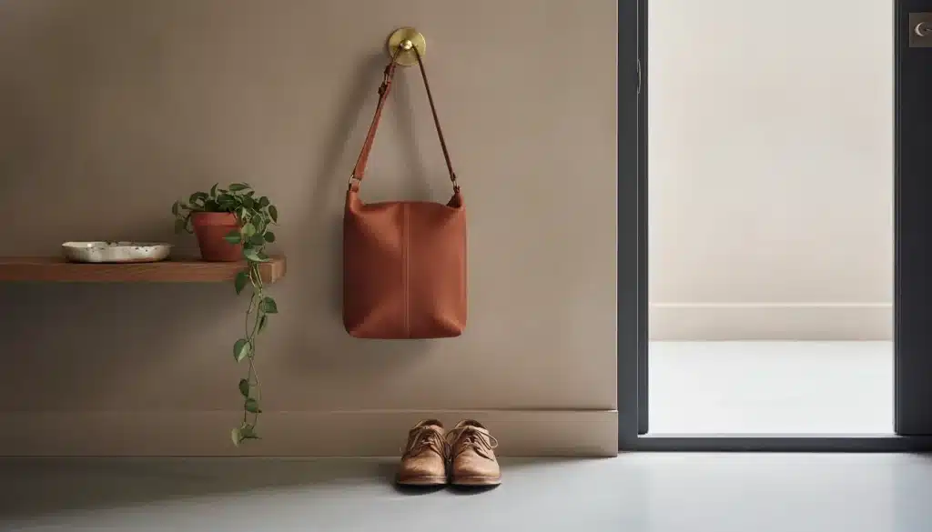 Leather bag hanging on wall with shoes below and a potted plant on a shelf nearby