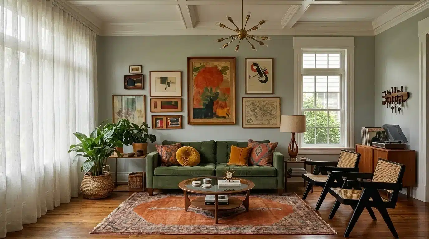 A mid-century modern living room featuring a stylish couch, a coffee table, and art displayed on the wall.