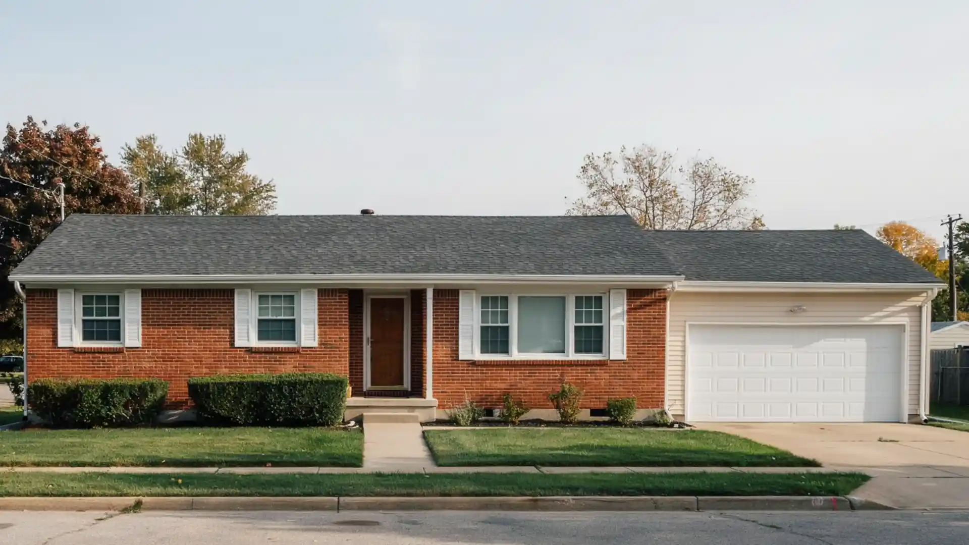 Red brick ranch-style house with a white garage door and manicured lawn.