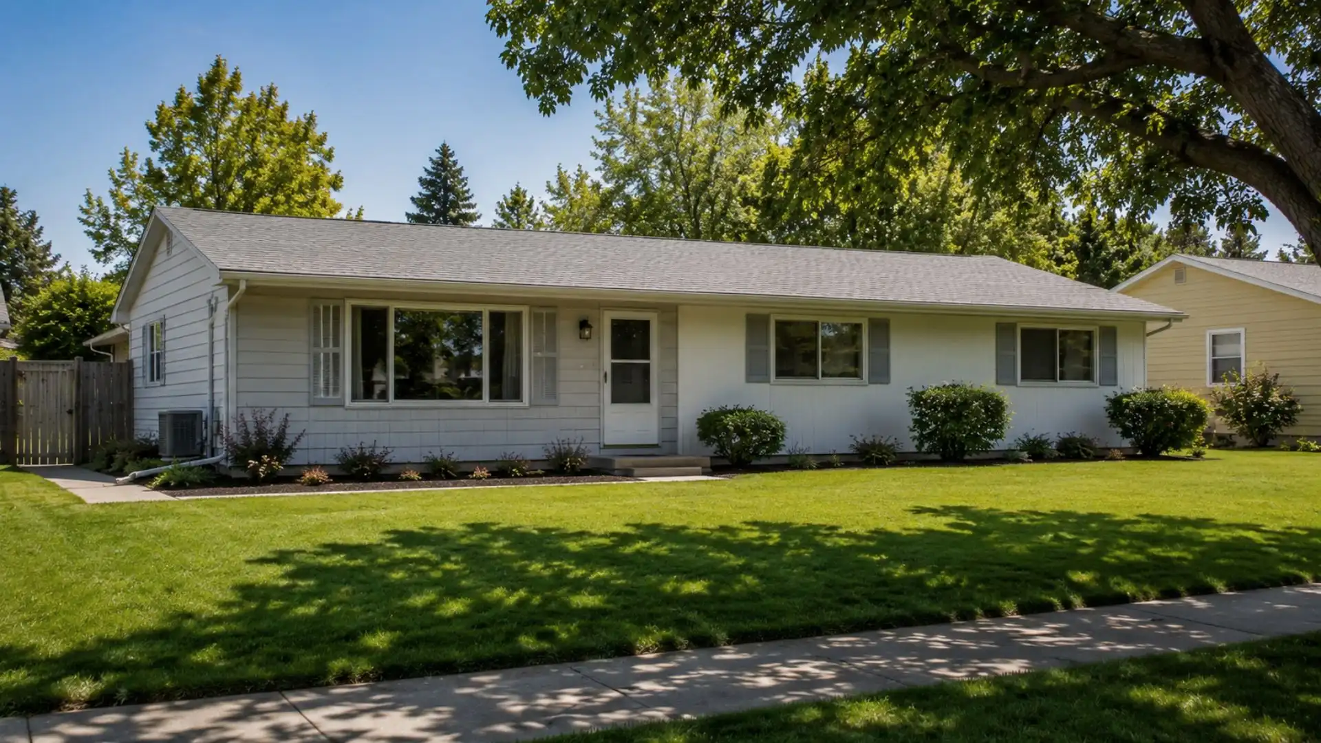 A single-story, light gray ranch-style house with a neat front lawn, large windows, and mature trees casting shadows under a blue sky.