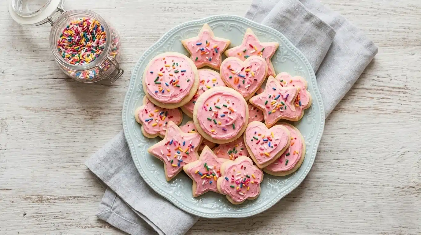 A plate of pink frosted sugar cookies topped with colorful sprinkles, arranged neatly for display.