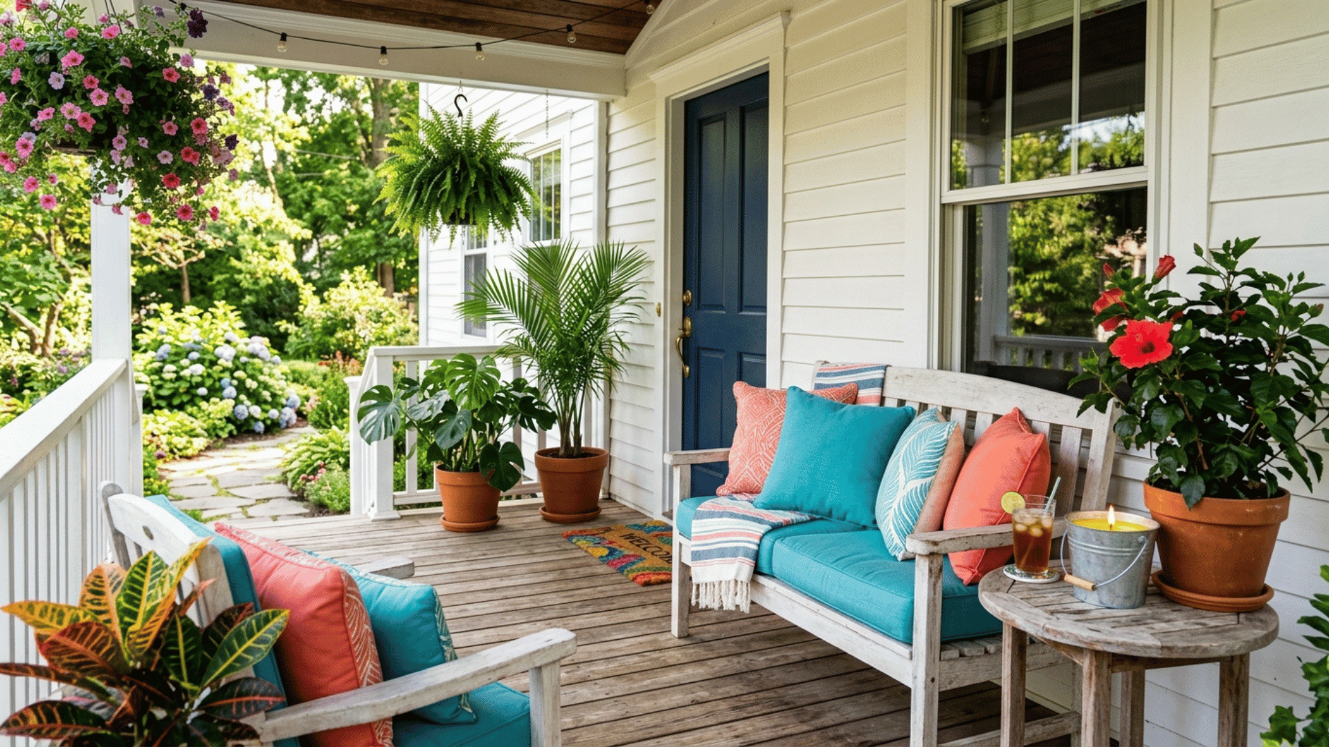 bold turquoise cushions and tropical potted plants