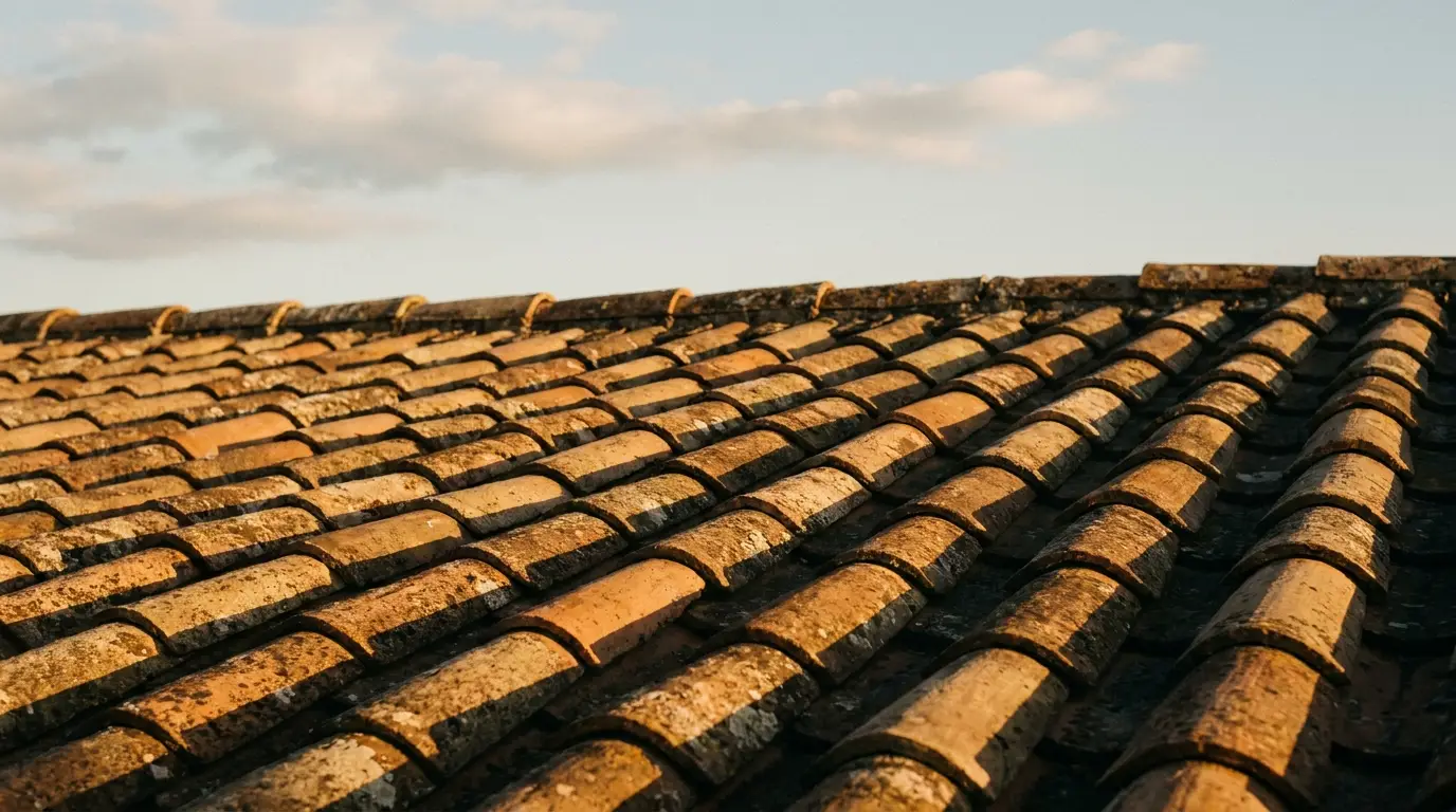Terracotta roof tiles with weathered texture under clear sky at sunset