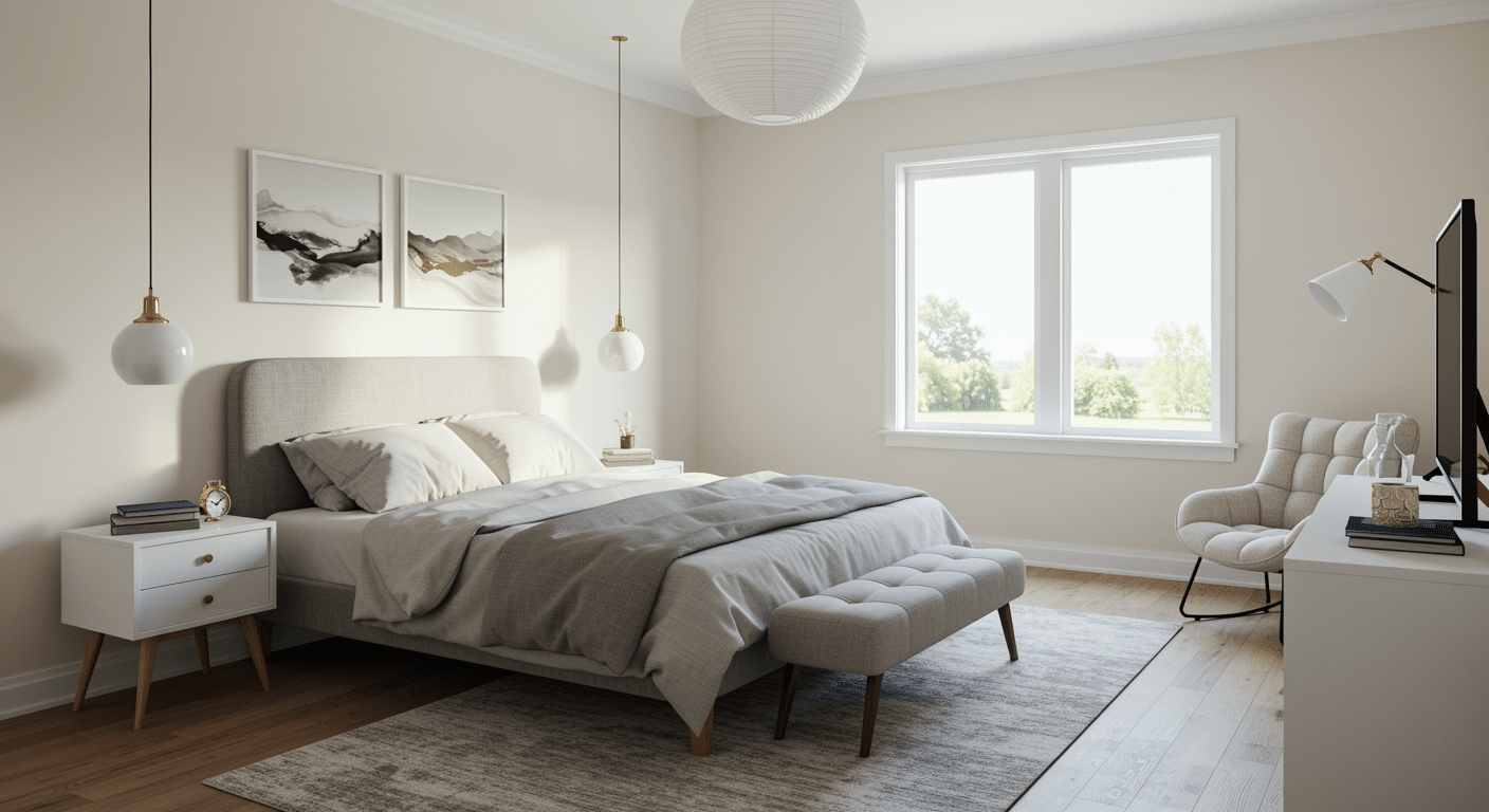 Bright modern bedroom with a grey upholstered bed, tufted bench, and minimalist decor.