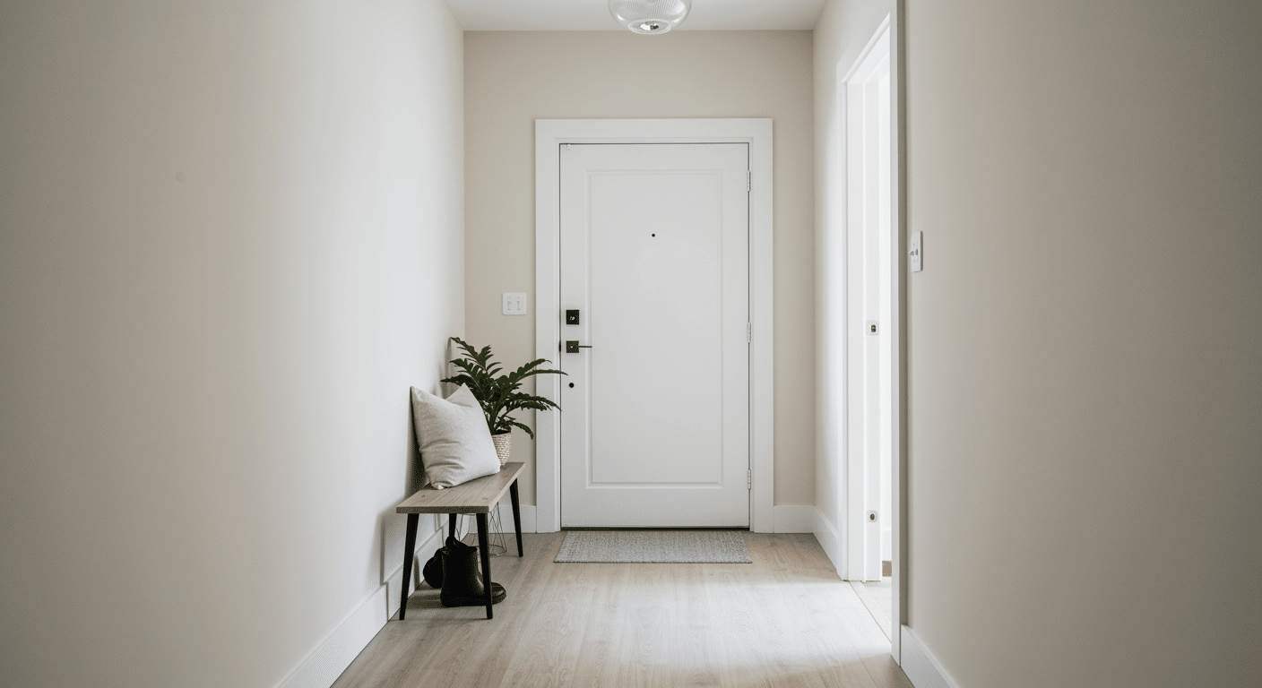 Bright entryway hallway with a white front door, small wooden bench, and a potted plant.