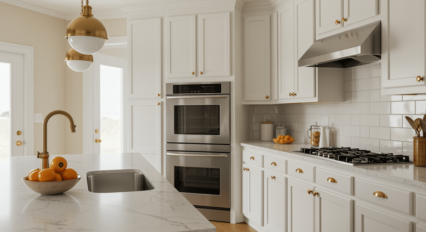 Bright kitchen with white cabinets, double wall oven, gold hardware, and a center island.